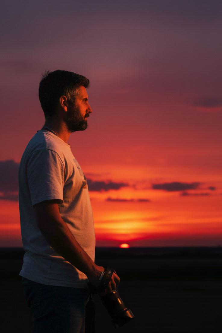 Photographe tenant un appareil photo, de profil, devant un coucher de soleil aux couleurs chaudes.